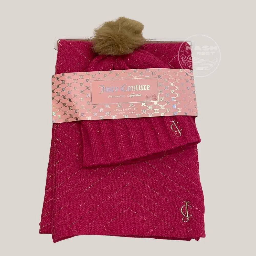 Juicy Couture Lined Cable Knit Hat & Scarf Set | Pink Monogram Gift Set New Gift